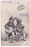 Dzieci chłopiec z banjo dziewczynka saksofon 1930r. obieg Nowy Rok 636h