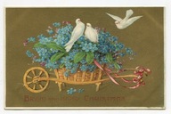 BOŻE NARODZENIE - WÓZ NIEZAPOMINAJEK, GOŁĘBIE, POZŁACANE MATOWE TŁO, c.1910