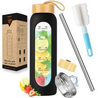 BUTELKA NA WODĘ SZKLANA MOTYWACYJNA Z MIARKĄ SŁOMKA DO PICIA WIELORAZOWA 1L