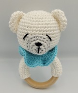 Prezent Grzechotka Miś na szydełku gryzak z drewna Handmade