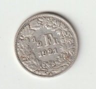 Szwajcaria 1/2 franka 1921 srebro 0.835