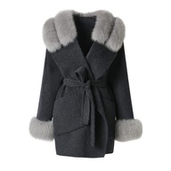 Płaszcz kaszmirowy wełniany futro z lisa kieszenie pasek szary r. M