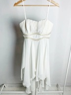 Kremowa wieczorowa sukienka z falbanami i złotym zdobieniem, rozmiar M