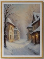 A2 PLAKAT OBRAZ, PLAKAT PEJZAŻ ZIMOWY ZIMA ŚNIEG DAWNA WIEŚ MIASTECZKO ZIMĄ