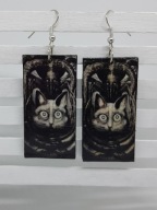 Kolczyki Kot Behemoth decoupage prostokąty obraz Giger grafika Handmade