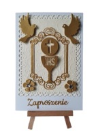 ZAPROSZENIA KOMUNIA UNIWERSALNE KIELICH Z HOSTIĄ RAMKA GOŁĘBIE – B6 – ZŁOTO
