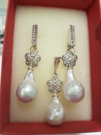 Białe perły naturalne, perły Barok , srebrny komplet 925 próby