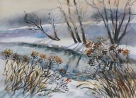 Zima rzeka Akwarela Sabina Salamon 25x35