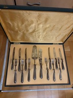 Deserowy komplet sztućców w pudełku trzonki srebro 800 6 widelce 6 noże + 2