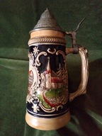 Piękny duży kufel ceramiczny z cynową pokrywą - super stan