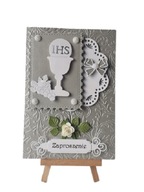 ZAPROSZENIA KOMUNIA UNIWERSALNE KIELICH W RAMCE – SERWETKA B6 SREBRO - BIEL