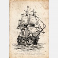 Statek żaglowy szkic vintage obraz na płótnie 55x80 ołówek piracki ocean