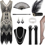 WIELKI GATSBY Retro LATA 20-te FLAPPER Strój Kostium + dodatki aż 9 elem. M