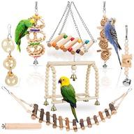 ZABAWKI DLA PAPUGI PTAKA HUŚTAWKA DZWONKI DREWNIANE ZESTAW DO KLATKI 8 SZT