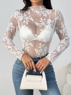Elegancka damska bluzka koronkowa z falbanką prześwitująca rajstopowa lace