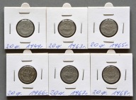 PRL 20 GROSZY 1949-1968 W HOLDERACH ZESTAW 6 SZT. 1963 BEZ ZNAKU MENNICY