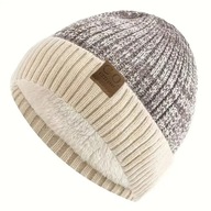 CZAPKA MĘSKA CIEPLA beż ecruOCIEPLANA FAKTURA PRĄZKIZIMOWA JESIENNA POLAR