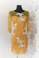 musztardowa SUKIENKA HAFTOWANA CEKINAMI RÓŻAMI RÓŻE HAFT CEKINY SEKSOWNA