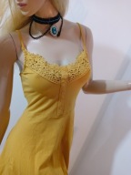NEW LOOK BAWEŁNIANA musztardowa SUKIENKA DEKOLT Z KORONKĄ VINTAGE pin up L