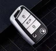 Czarno-srebrne etui na kluczyk z fakturą skóry VW SEAT SKODA – 3 przyciski