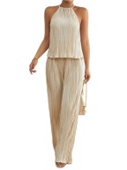 Letni Komplet Old Money Damski – Plisowany Bezrękawnik i Szerokie Spodnie