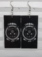 Kolczyki Czarny kot wicca decoupage grafika prostokąt księżyc cykl Handmade