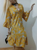 Żółta Luźna sukienka w kwiaty Rękawy z falbankami 22