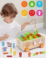 DREWNIANA ZABAWKA MONTESSORI WOZEK MARCHEWKI ZWIERZETA SORTER ROBOCZKI