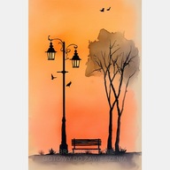 Park latarnia ławka czerwony obraz na płótnie 55x80 akwarela sztuka szkic