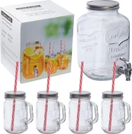 DOZOWNIK DO NAPOJÓW 4L + 4 SZKLANKI ZE SŁOMKAMI ZESTAW LATO / GRILL RETRO