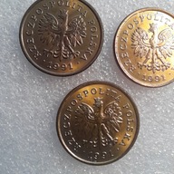 5 groszy 1991, BARDZO DOBRY STAN, aż trzy monety.