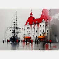 Port statki żaglowe akwarela szkic obraz na płótnie 58x85 abstrakcja miasto