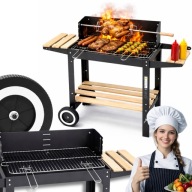 GRILL WĘGLOWY Z ROŻNEM OGRODOWY DUŻY PRZENOŚNY 2 RUSZTY DREWNIANE PÓŁKI