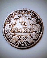 1/2 MARKI 1905 A, NIEMCY/PRUSY, SREBRO