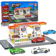 STACJA BENZYNOWA GARAŻ PARKING + 4 AUTKA METALOWE RESORKI ZESTAW DIY 21 EL