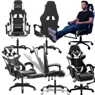 Fotel gamingowy MatMay czarno-biały z podnóżkiem i masażem, skóra sztuczna