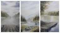 TRYPTYK Zestaw 3 obrazów akwarela jezioro o poranku 45x21cm+ 3xpassepartout
