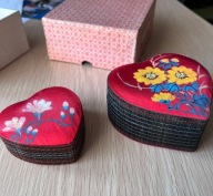 Szkatułki na biżuterię SERCE, 2 w 1, jedwab ręcznie, malowane kwiaty