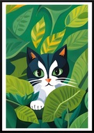 A2 KOLOROWY PLAKAT KOTY KOT CZARNO BIAŁY KOT WŚRÓD LIŚCI LIŚCIE ZIELEŃ