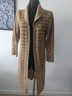 Sweter damski S mega długi musztardowy ażur hand