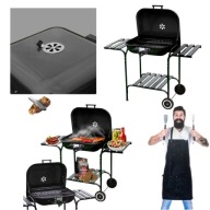 GRILL WĘGLOWY OGRODOWY Z KÓŁKAMI ŻELIWNY RUSZT DUŻY REGULOWANY 48 X 48 CM