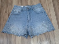 Krótkie spodenki szorty jasny jeans cyrkonie wyszywane kwiaty S