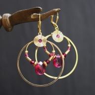 Kolczyki damskie wiszące Premium Handmade złoto opal fuksja boho hippie