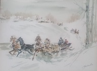 Akwarela Obraz Pejzaż zimowy