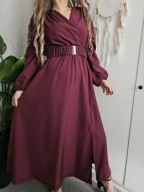 Elegancka sukienka burgundowa (red wine) z paskiem – kopertowy krój L