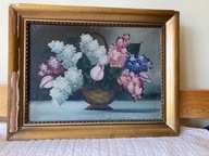 PRZEDWOJENNY OBRAZ OLEJNY W RAMIE,PŁÓTNO, BZY I TULIPANY W WIKLINOWYM KOSZU