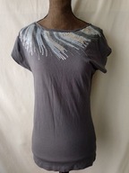 T-shirt damski szary z cekinowym dekoltem - S