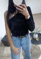 NOWA welurowa bluzka z kwiatem chokerem 34 XS