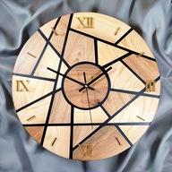 Ręcznie wykonany zegar ścienny 62 cm – drewno dąb i orzech, unikalny design