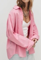 H & M paski oversize koszula boyfriend prążki różowa popelinowa prążkowana